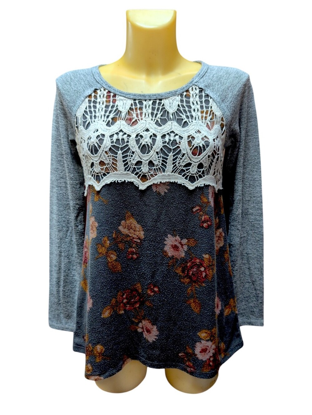 MAURICES Gray Red Mustard Floral Patterned Long Sleeve Sweater With Lace Detail